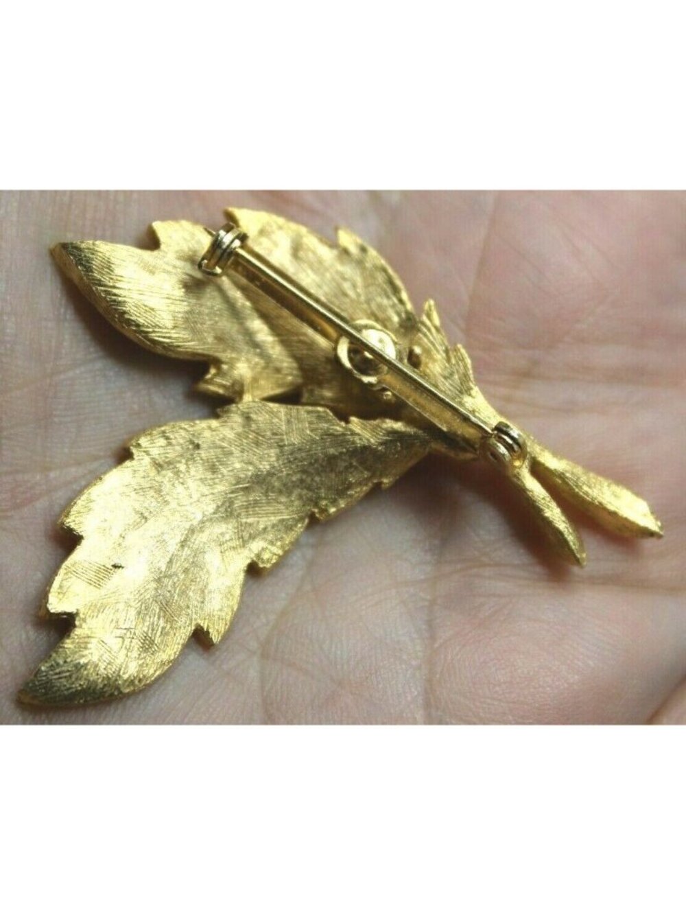 Vintage Gold Tone Double Leaf with Faux Pearl Pin Brooch 2.5" Long #G10 - Picture 4 of 4